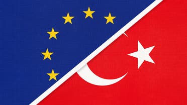 European Union or EU and Turkey national flag from textile. Symbol of the Council of Europe association. stock illustration