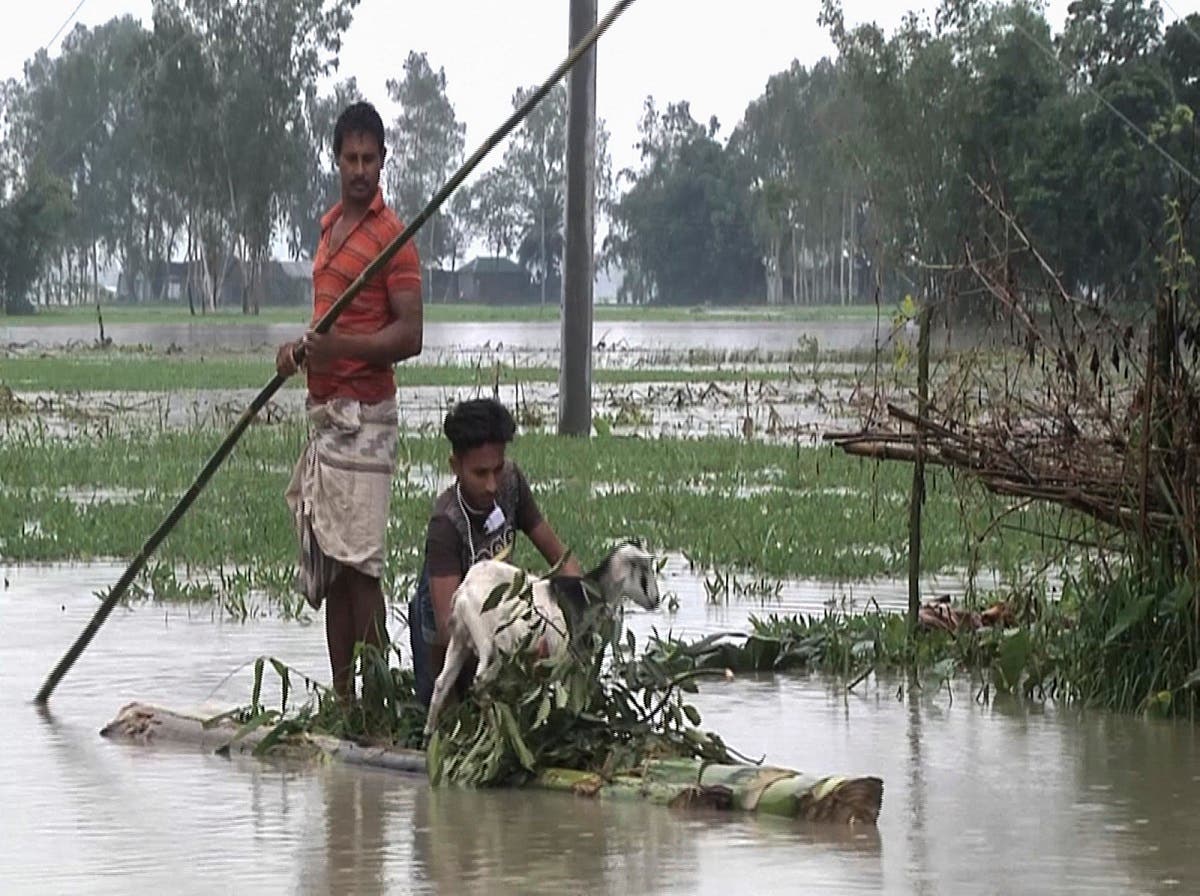 In this video grab Bangladeshi men with a goat row a banana raft through flood waters in Lalmonirhat, Bangladesh, on July 13, 2020. (AP)