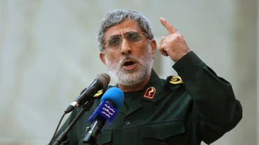 Iranian General Esmail Ghaani speaks in a meeting at the shrine of the late revolutionary founder Ayatollah Khomeini just outside Tehran, Iran. (File: Tasnim News Agency via AP)