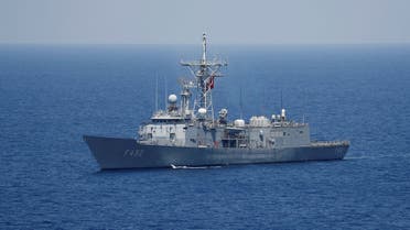 Turkish Navy frigate TCG Gemlik (F-492) escorts Turkish drilling vessel Yavuz in the eastern Mediterranean Sea off Cyprus, Aug. 6, 2019. (Reuters)