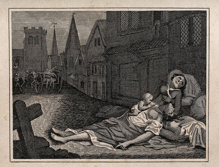 رسم تخيلي لجانب من جثث ضحايا طاعون لندن