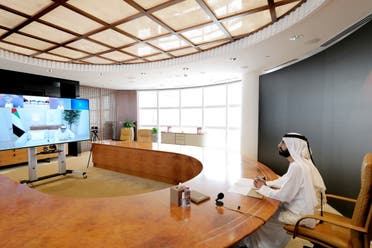 Ruler of Dubai, Sheikh Mohammed bin Rashid Al Maktoum during the video meeting on Saturday. (Twitter/via @DXBMediaOffice)