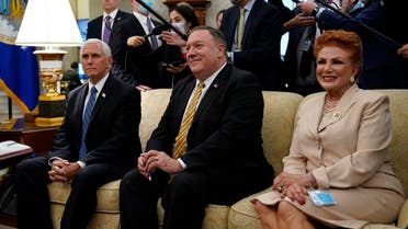 VP Pence, Secretary of State Pompeo, and US Ambassador to Poland Georgette Mosbacher listen as President Trump meets with Polish President Duda at the White House, June 24, 2020. (AP)