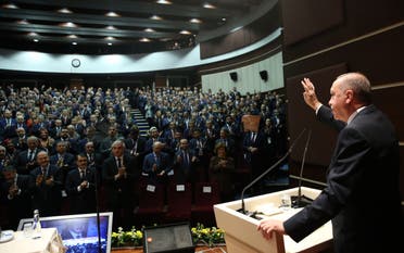 President Recep Tayyip Erdogan speaking to members of the ruling Justice and Development Party (AKP) in Ankara. (AFP)