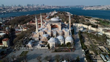 An aerial view of the Byzantine-era monument of Hagia Sophia in Istanbul on April 11, 2020. (AFP)