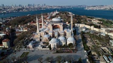 An aerial view of the monument of Hagia Sophia in Istanbul on April 11, 2020. (AFP)