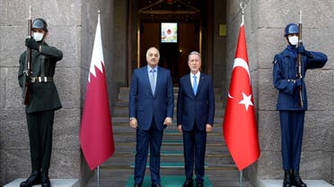 Qatar’s Minister of State for Defense Affairs Khalid bin Mohammed al-Atiyya and Turkish Defense Minister Hulusi Akar in Ankara, Turkey. (Screengrab)