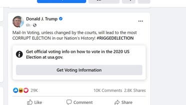 Facebook places an informational disclaimer on a post from President Trump on July 21, 2020. (Facebook/Donald J. Trump)