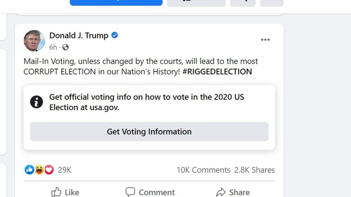 Facebook places an informational disclaimer on a post from President Trump on July 21, 2020. (Facebook/Donald J. Trump)