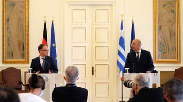 German Foreign Minister Heiko Maas speaks next to Greek Foreign Minister Nikos Dendias during a news conference at the Ministry of Foreign Affairs in Athens, Greece, July 21, 2020. REUTERS/Alkis Konstantinidis
