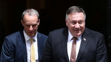Britain’s Foreign Secretary Dominic Raab and US Secretary of State Mike Pompeo leave Downing Street in London, Britain, on July 21, 2020. (Reuters)