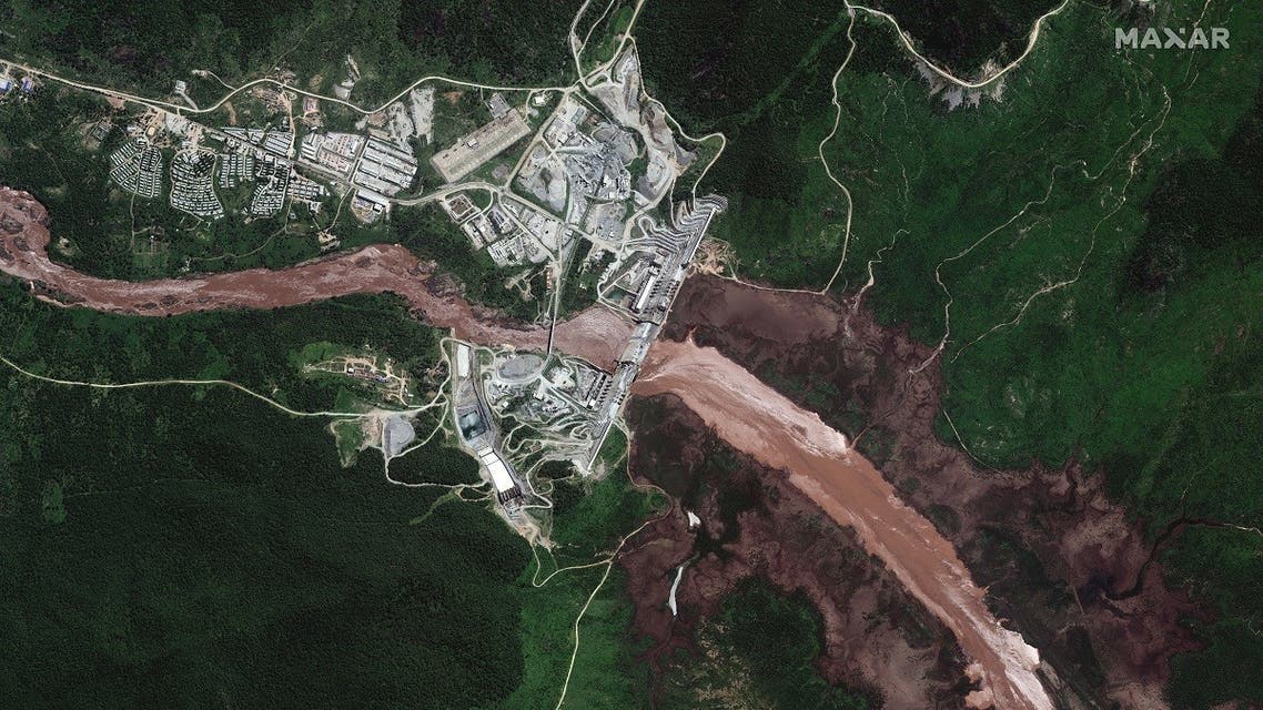 A satellite image shows a view of the Grand Ethiopian Renaissance Dam (GERD) and the Blue Nile River in Ethiopia on June 26, 2020. ( Courtesy Maxar Technologies via Reuters)