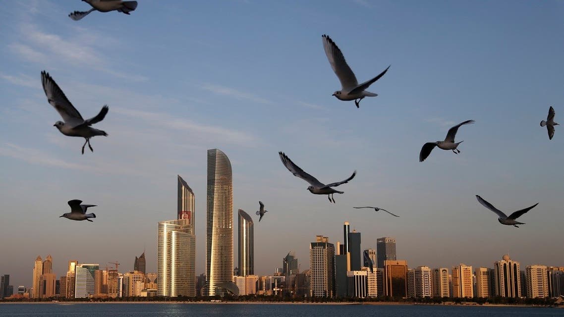 Seagulls fly over the city skyline in Abu Dhabi, United Arab Emirates. (AP)