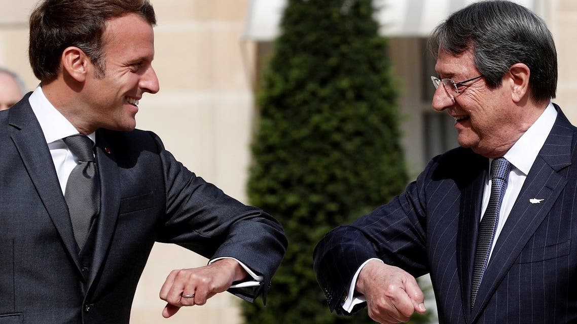 French President Emmanuel Macron welcomes his counterpart of Cyprus Nicos Anastasiades at the Elysee Palace in Paris, France, July 23, 2020. (Reuters)