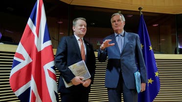 European Union chief Brexit negotiator Michel Barnier and British Prime Minister's Europe adviser David Frost 5 are seen at start of the first round of post -Brexit trade deal talks between the EU and the United Kingdom, in Brussels, Belgium, on March 2, 2020. (Reuters)