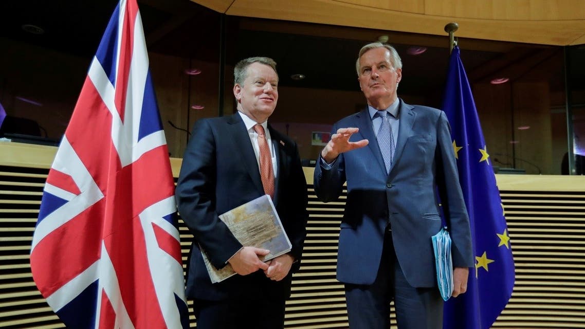 European Union chief Brexit negotiator Michel Barnier and British Prime Minister's Europe adviser David Frost 5 are seen at start of the first round of post -Brexit trade deal talks between the EU and the United Kingdom, in Brussels, Belgium, on March 2, 2020. (Reuters)