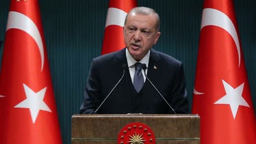 Turkish President Recep Tayyip Erdogan delivers a speech in Ankara on July 14, 2020. (AFP)