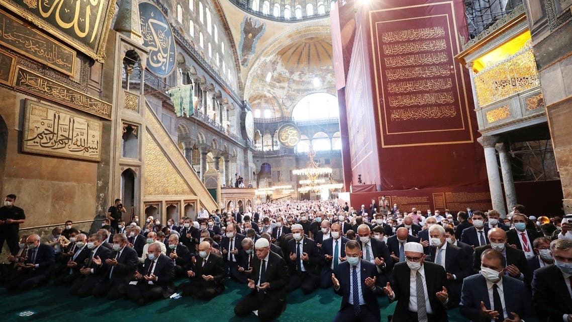 Turkish President Tayyip Erdogan attends Friday prayers at Hagia Sophia Grand Mosque in Istanbul, Turkey, on July 24, 2020. (Reuters)