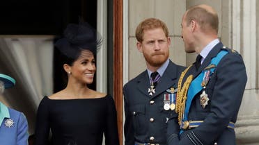Meghan the Duchess of Sussex, left, Prince Harry, second left, and Prince William in London on July 10, 2018. (AP)