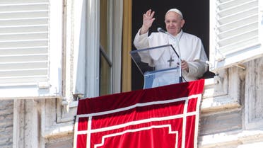 Pope Francis waves to faithful from his studio window overlooking St. Peter's Square at the Vatican on July 5, 2020. (AP)