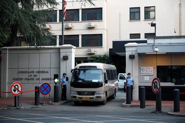 A vehicle leaves the US Consulate General in Chengdu, Sichuan province, China, on July 26, 2020. (Reuters)