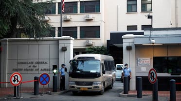 A vehicle leaves the US Consulate General in Chengdu, Sichuan province, China, on July 26, 2020. (Reuters)