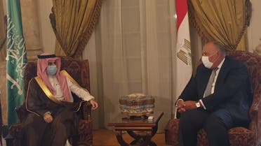 Saudi Arabia’s Minister of Foreign Affairs Prince Faisal bin Farhan and his Egyptian counterpart Sameh Shoukry. (Twitter)