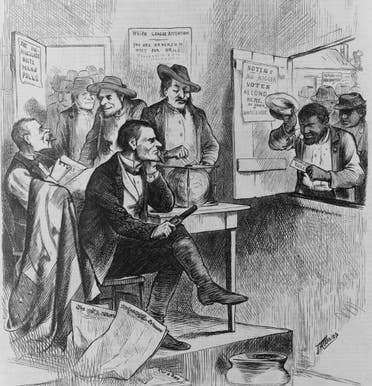 رسم كاريكاتيري يجسد عملية منع السود من الإنتخاب