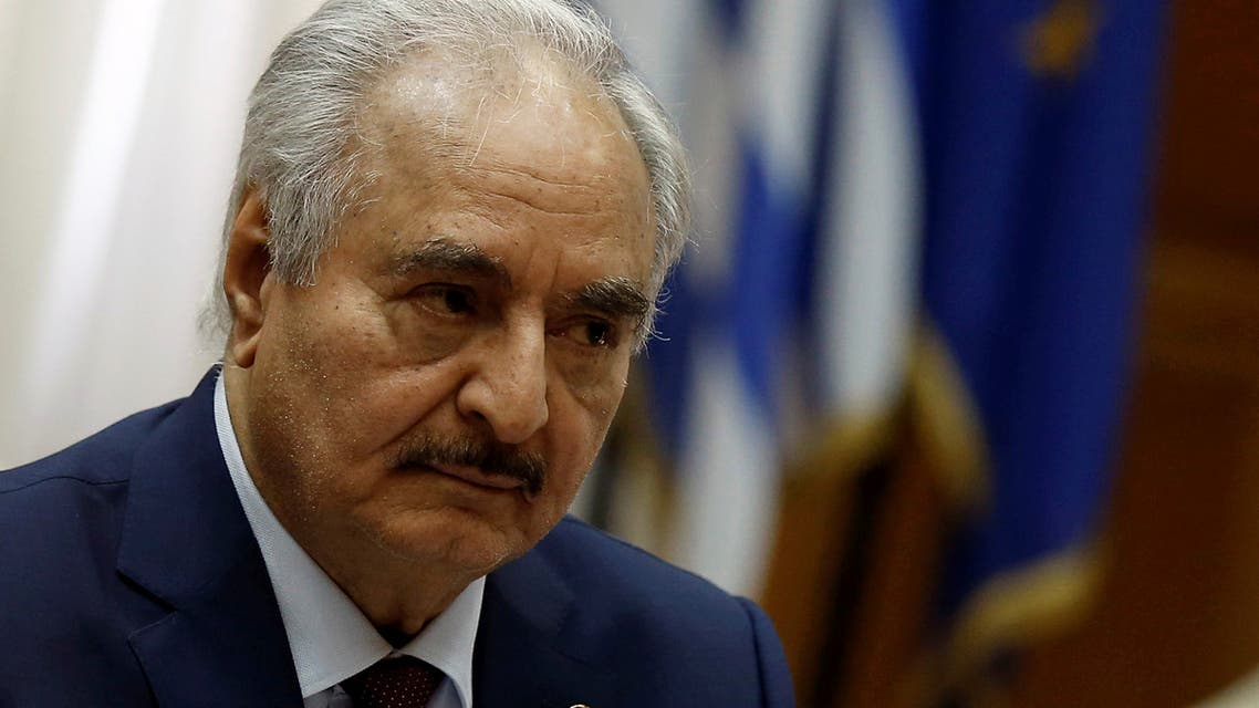 Libyan commander Khalifa Haftar meets Greek Prime Minister Kyriakos Mitsotakis (not pictured) at the Parliament in Athens, Greece, January 17, 2020. REUTERS/Costas Baltas