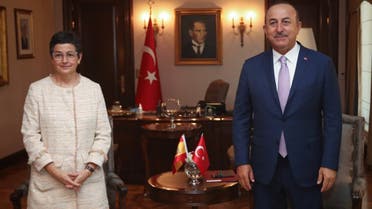 Turkish Foreign Minister Mevlut Cavusoglu meets with his Spanish counterpart Arancha Gonzalez Laya in Ankara, Turkey, on July 27, 2020.  (Reuters)