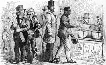 رسم كاريكاتيري يجسد الرئيس أندرو جونسون وعدد من مساعديه وهم غاضبون بسبب قيام أحد السود بالإدلاء بصوته