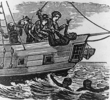رسم تخيلي يجسد إحدى عمليات رمي العبيد بعرض المحيط الأطلسي