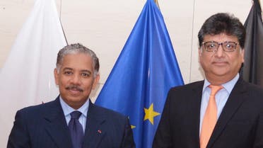 Qatar's Ambassador to Belgium Abdulrahman bin Mohammed Sulaiman Al-Khulaifi (left) with his Pakistani counterpart. (Twitter, Pakistan in Brussels)