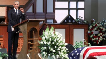 Former US President Barack Obama addresses the service during the funeral of late US Congressman John Lewis, July 30, 2020. (Reuters)
