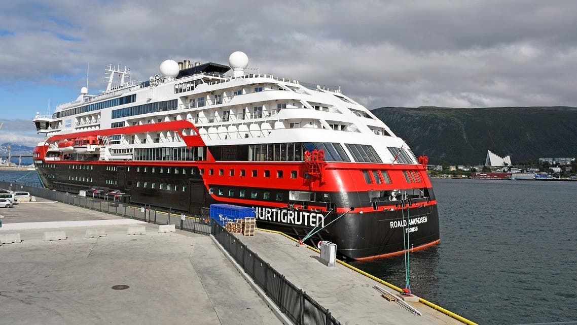 The expedition cruise ship MS Roald Amundsen is moored at a quay in Tromso, northern Norway, on August 1, 2020. (AFP)