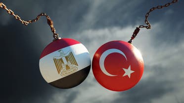 Wrecking Balls Textured with Egyptian and Turkish Flags Over Dark Stormy Sky stock photo