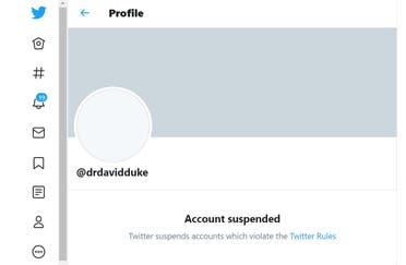 A screengrab of the suspended account of David Duke. (Twitter)