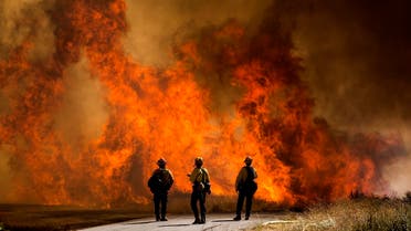 Firefighters watch as flames flare at the Apple Fire in Cherry Valley, California, Saturday, August 1, 2020. (AP)