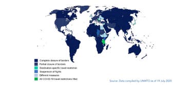 Destinations with travel restrictions to international tourism as of 19 July 2020 according to UNWTO. (Screengrab/www.unwto.org)