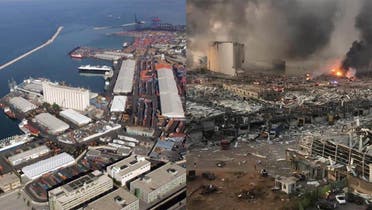 The port of Beirut, before and after Tuesday's explosion. (Twitter)