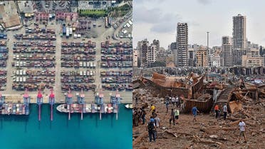 The port of Beirut before and after Tuesday's explosion. (Twitter)