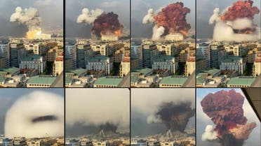 This combination of photos shows a fireball exploding while smoke is billowing at the port of the Lebanese capital on August 4, 2020. (AFP)