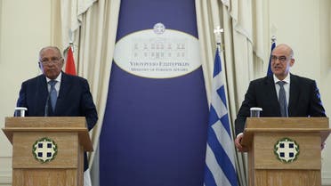 Greek Foreign Minister Nikos Dendias addresses journalists during a joint press conference with his Egyptian counterpart Sameh Shoukry following a meeting at the Foreign Ministry in Athens, Greece, on July 30, 2019. (Reuters)