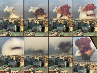 This combination of pictures created on August 05, 2020 UGC footage filmed from an office building at the moment a massive explosion rocked Beirut the previous day shows a fireball exploding while smoke is billowing at the port of the Lebanese capital on August 4, 2020. (AFP)