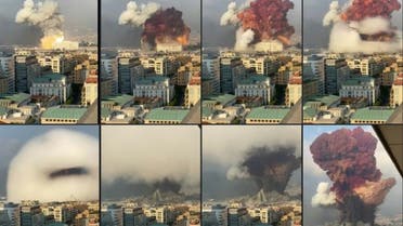 This combination of pictures created on August 05, 2020 UGC footage filmed from an office building at the moment a massive explosion rocked Beirut the previous day shows a fireball exploding while smoke is billowing at the port of the Lebanese capital on August 4, 2020. (AFP)