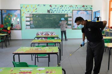 2020-A Palestinian worker wearing a protective face mask sanitizes a classroom in a UN-run school before a new academic year starts, amid concerns about the spread of the coronavirus in Gaza City, on August 4, 2020. (Reuters)08-04T104256Z_1206425693_RC2Y6I9Z6Y7A_RTRMADP_3_HEALTH-CORONAVIRUS-PALESTINIANS