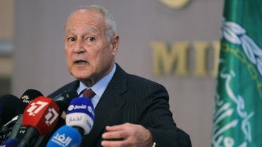 Arab League Secretary General Ahmed Aboul Gheit speaks during a joint news conference with Algeria's Foreign Minister Sabri Boukadoum in Algiers. (Reuters)