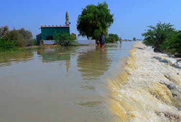 Villagers wade through a flooded area of Dadu, a district in Pakistan's southern Sindh province, on August 9, 2020. (AP)