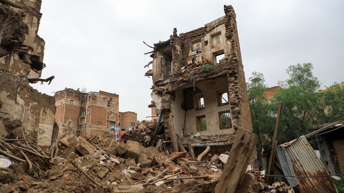 A picture taken on August 8, 2020, shows a collapsed UNESCO-listed building in the old city of the Yemeni capital Sanaa following heavy rains. 