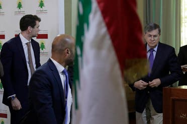 Then-US Deputy Assistant Secretary of State David Satterfield, right, trying to mediate the border dispute between Lebanon and Israel, arrives to a meeting at the Lebanese foreign ministry, May 28, 2019. (File Photo: AP)